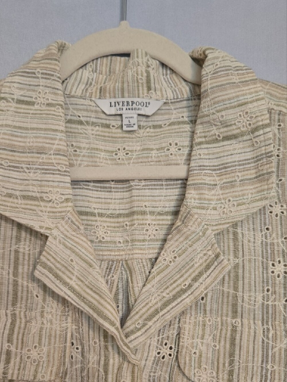 Liverpool Cream Striped Eyelet Short Sleeve Button-Front Shirt Size XLP - Picture 2 of 10